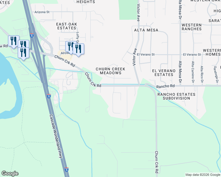 map of restaurants, bars, coffee shops, grocery stores, and more near 5038 Huntington Drive in Redding