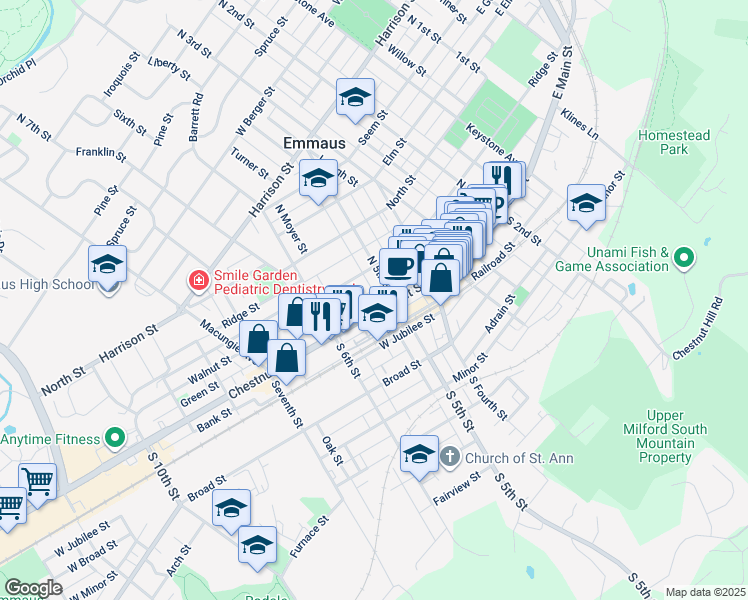 map of restaurants, bars, coffee shops, grocery stores, and more near 517 Chestnut Street in Emmaus