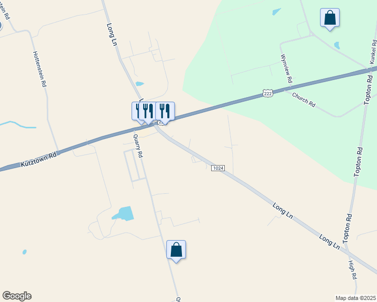 map of restaurants, bars, coffee shops, grocery stores, and more near 251 Long Lane Road in Kutztown