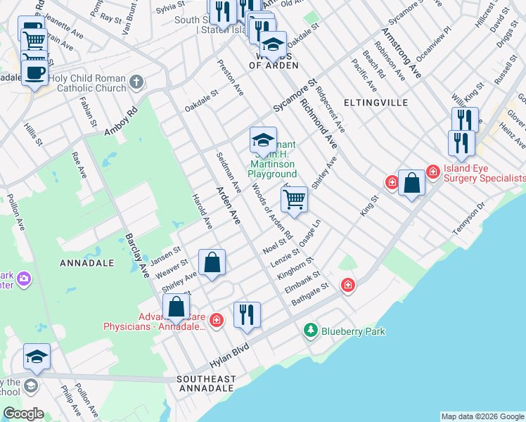 map of restaurants, bars, coffee shops, grocery stores, and more near 256 Woods of Arden Road in Staten Island