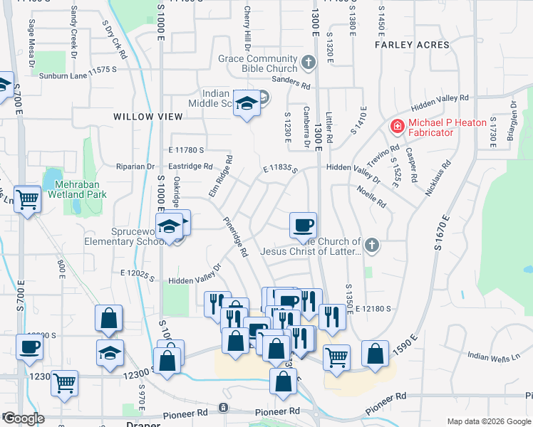 map of restaurants, bars, coffee shops, grocery stores, and more near 11938 Hidden Valley Dr in Sandy