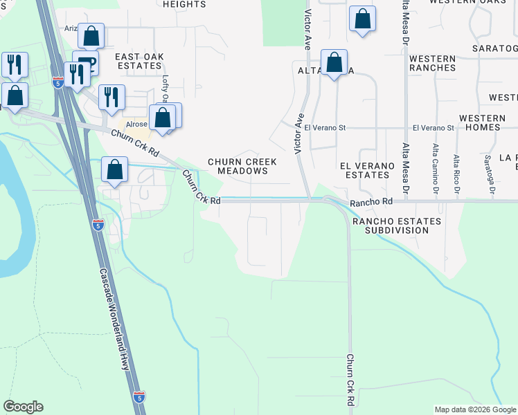 map of restaurants, bars, coffee shops, grocery stores, and more near 5038 Huntington Drive in Redding