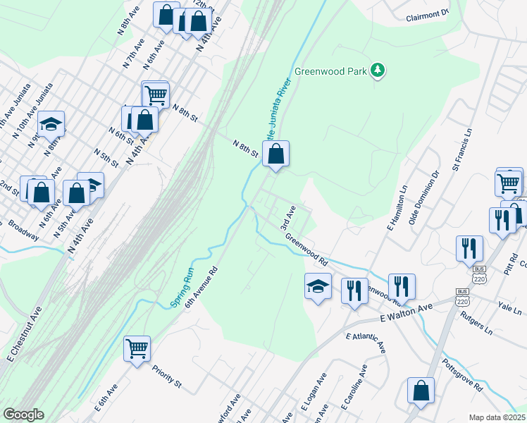 map of restaurants, bars, coffee shops, grocery stores, and more near 47 Greenwood Road in Altoona