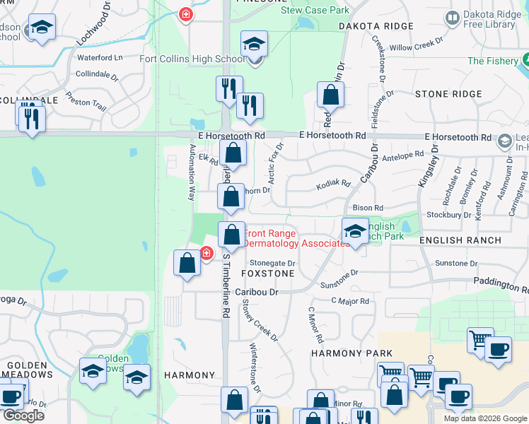 map of restaurants, bars, coffee shops, grocery stores, and more near 2209 Whitetail Place in Fort Collins