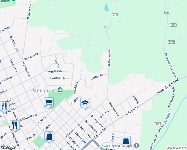 map of restaurants, bars, coffee shops, grocery stores, and more near 1125 Weinsz Drive in Dover