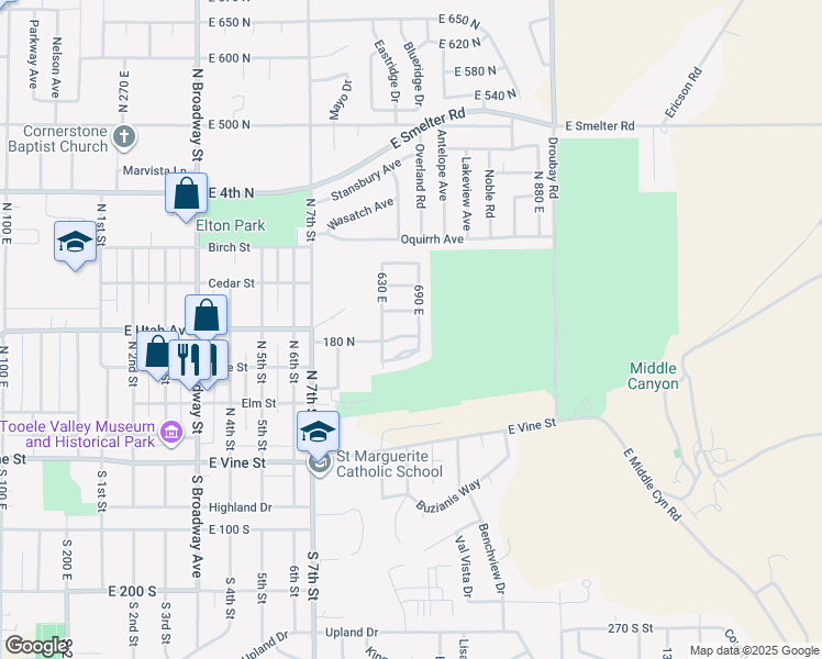 map of restaurants, bars, coffee shops, grocery stores, and more near 195 690 East in Tooele