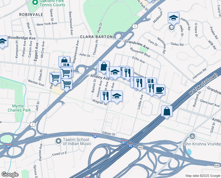 map of restaurants, bars, coffee shops, grocery stores, and more near 205 Jackson Avenue in Edison