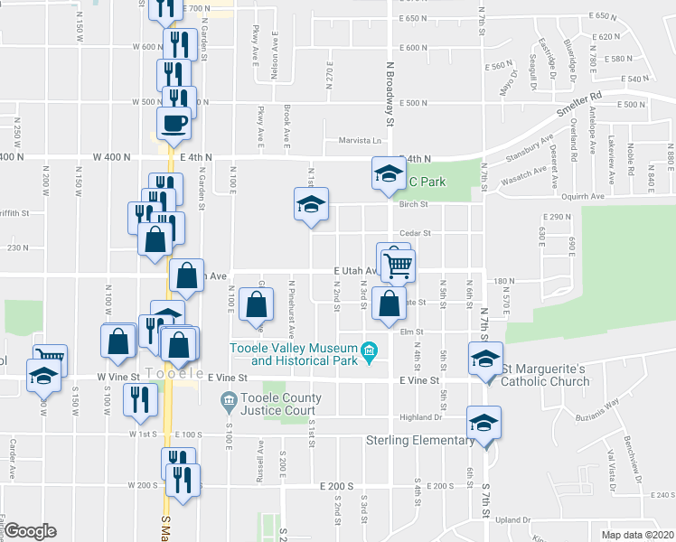 map of restaurants, bars, coffee shops, grocery stores, and more near 241 East Utah Avenue in Tooele
