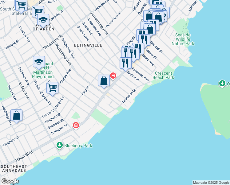 map of restaurants, bars, coffee shops, grocery stores, and more near 24 Seacrest Avenue in Staten Island