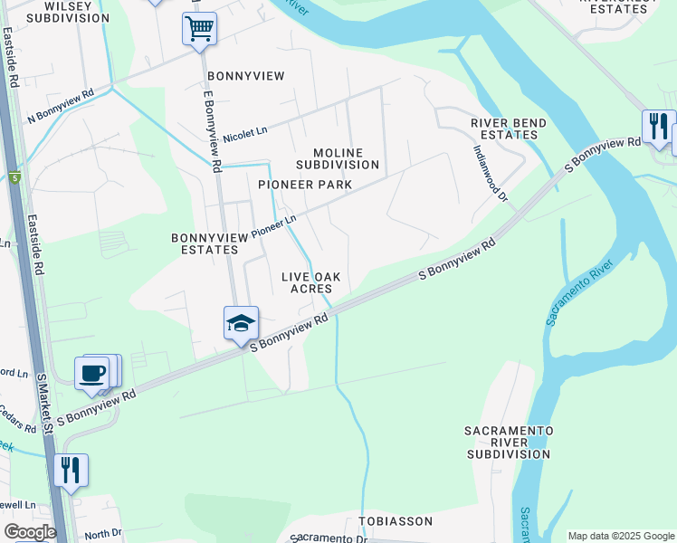 map of restaurants, bars, coffee shops, grocery stores, and more near 5861 Fagan Drive in Redding