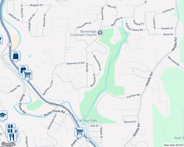 map of restaurants, bars, coffee shops, grocery stores, and more near 711 Flint Road in Allegheny County