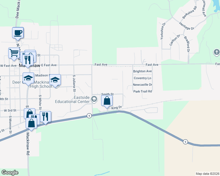 map of restaurants, bars, coffee shops, grocery stores, and more near 708 Smith Street in Mackinaw