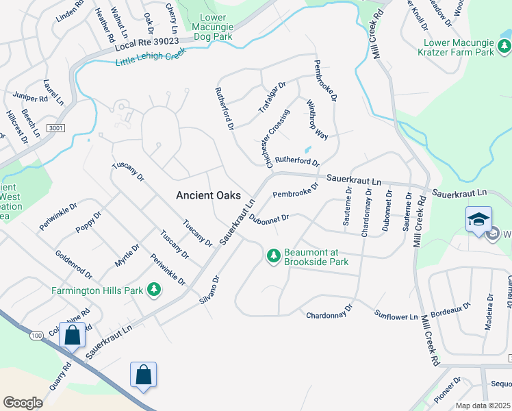 map of restaurants, bars, coffee shops, grocery stores, and more near 2208 Pembrooke Drive in Macungie