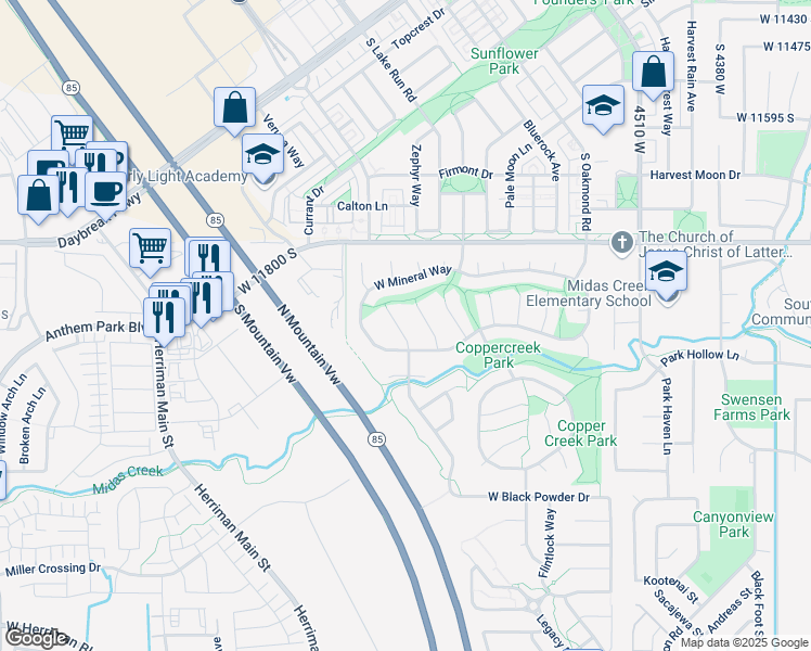 map of restaurants, bars, coffee shops, grocery stores, and more near 11947 Dynamite Circle in Herriman