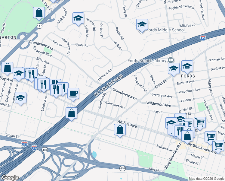 map of restaurants, bars, coffee shops, grocery stores, and more near 77 Carlton Street in Edison