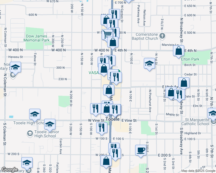 map of restaurants, bars, coffee shops, grocery stores, and more near 201 North Main Street in Tooele