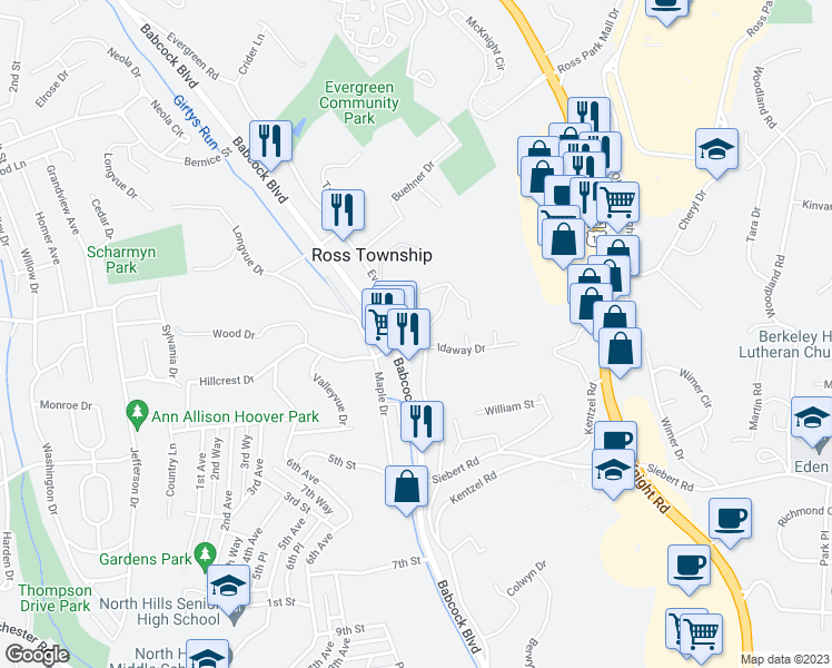map of restaurants, bars, coffee shops, grocery stores, and more near 15 Hillcrest Drive in Pittsburgh