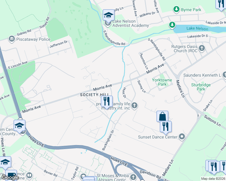 map of restaurants, bars, coffee shops, grocery stores, and more near 9 Ewing Drive in Piscataway