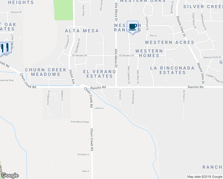 map of restaurants, bars, coffee shops, grocery stores, and more near 2159 Rancho Road in Redding