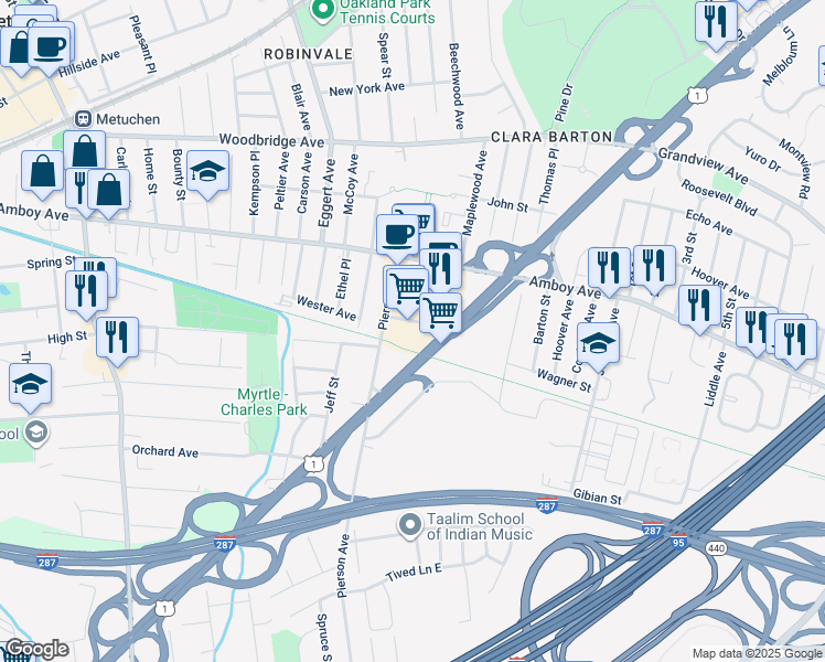map of restaurants, bars, coffee shops, grocery stores, and more near 1199 Amboy Avenue in Edison