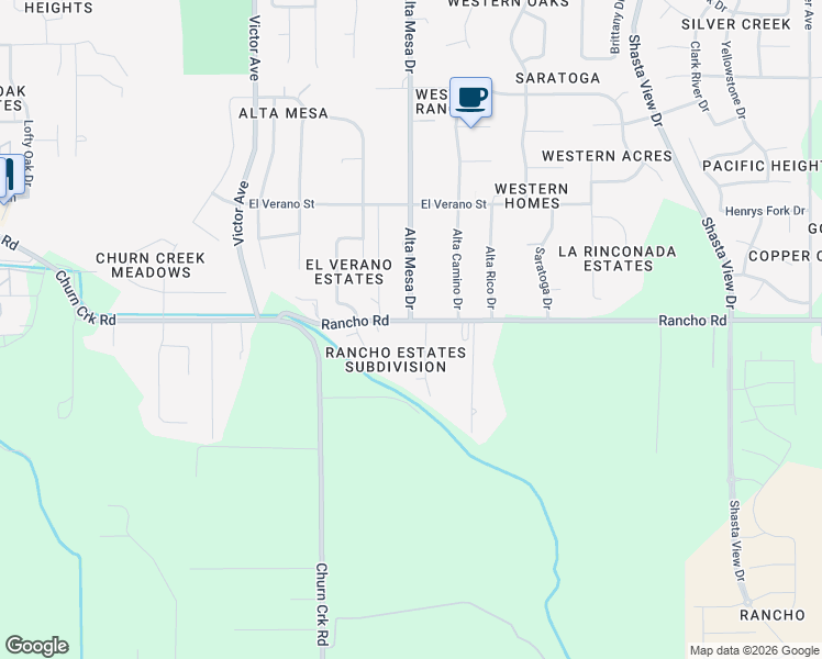 map of restaurants, bars, coffee shops, grocery stores, and more near 5009 Surrey Drive in Redding
