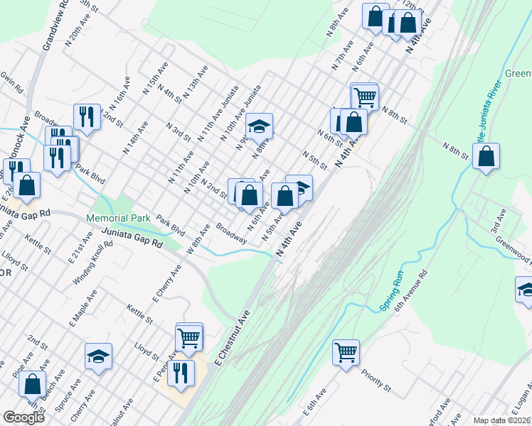 map of restaurants, bars, coffee shops, grocery stores, and more near 210 North 6th Avenue in Altoona