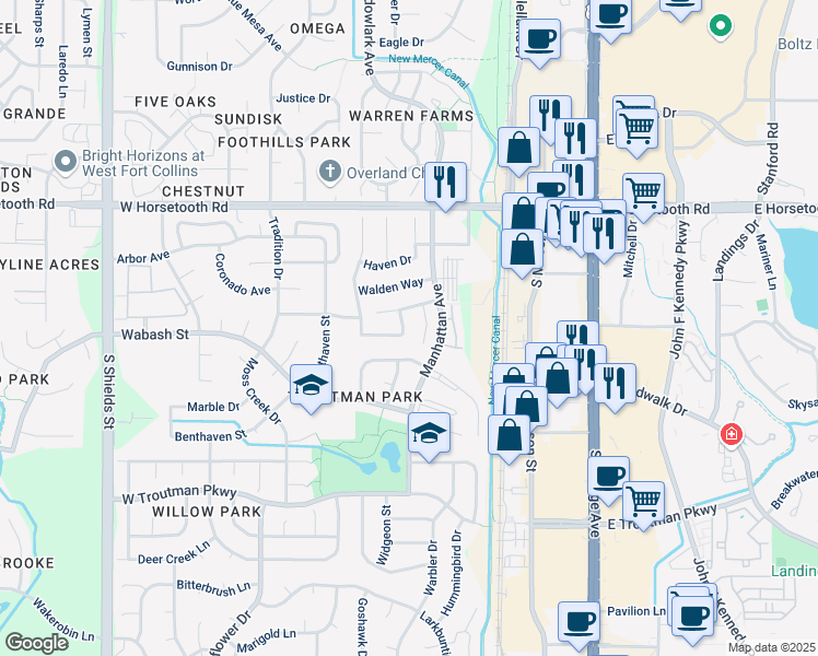 map of restaurants, bars, coffee shops, grocery stores, and more near 455 Dennison Avenue in Fort Collins