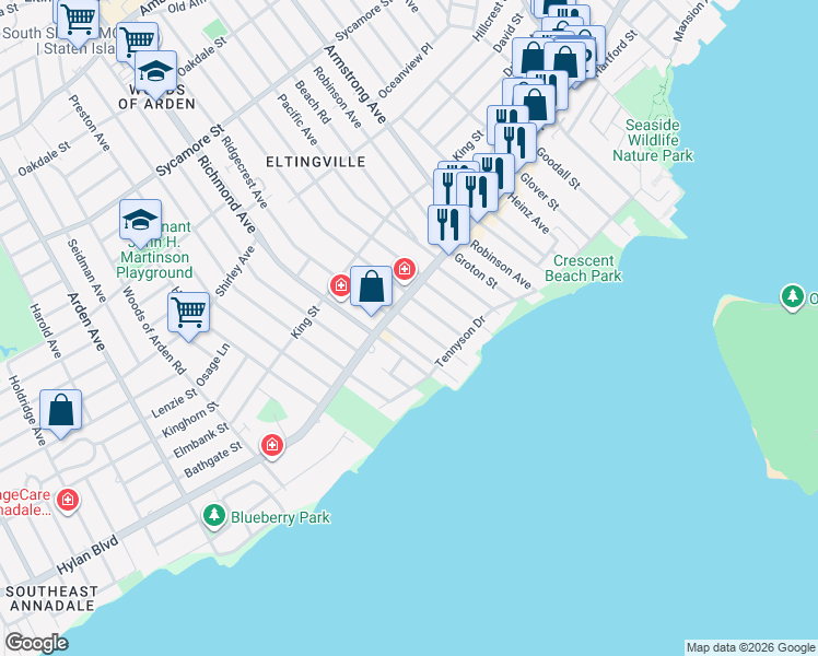 map of restaurants, bars, coffee shops, grocery stores, and more near 24 Seacrest Avenue in Staten Island