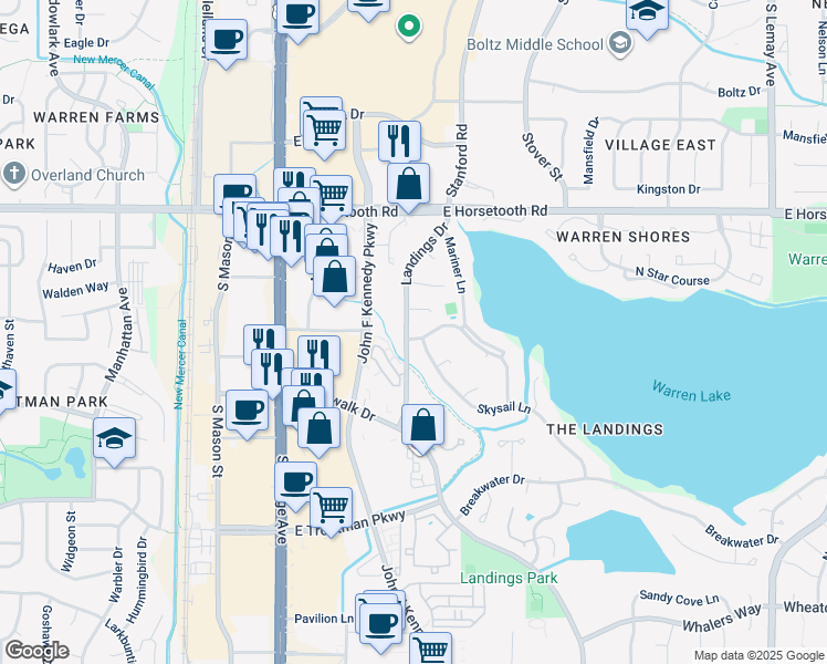 map of restaurants, bars, coffee shops, grocery stores, and more near 300 Spinnaker Lane in Fort Collins