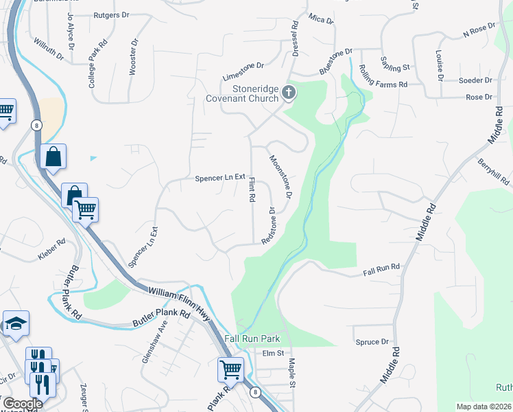 map of restaurants, bars, coffee shops, grocery stores, and more near 711 Flint Road in Allison Park
