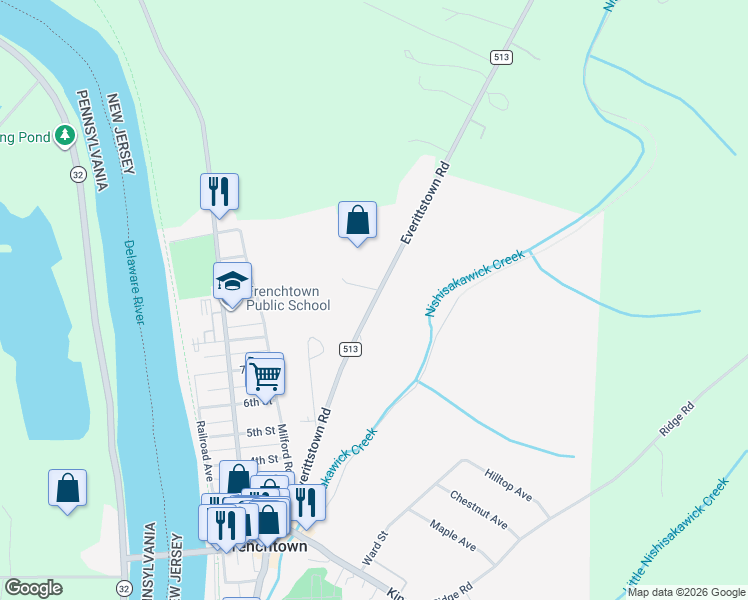 map of restaurants, bars, coffee shops, grocery stores, and more near 45 Everittstown Road in Frenchtown