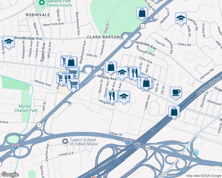 map of restaurants, bars, coffee shops, grocery stores, and more near 357 Hoover Avenue in Edison