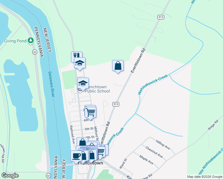 map of restaurants, bars, coffee shops, grocery stores, and more near 1220 Milford Road in Frenchtown