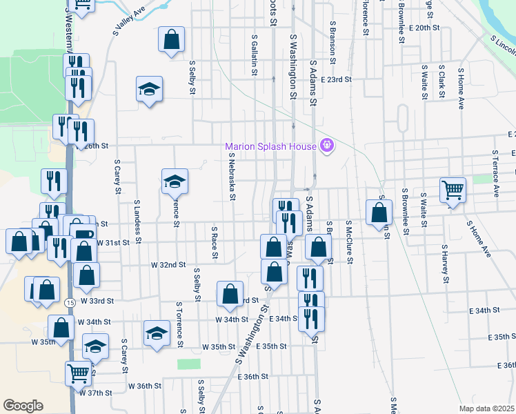 map of restaurants, bars, coffee shops, grocery stores, and more near 2907 South Gallatin Street in Marion