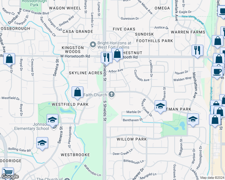 map of restaurants, bars, coffee shops, grocery stores, and more near 1020 Wabash Street in Fort Collins