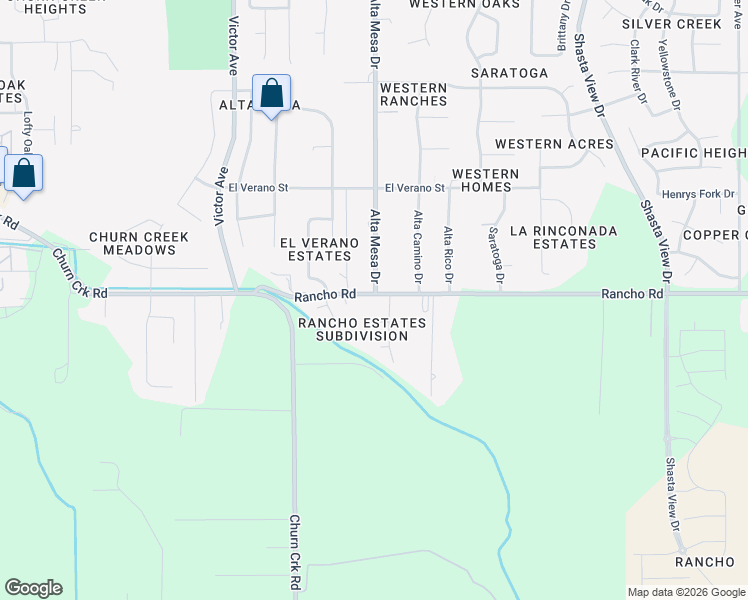 map of restaurants, bars, coffee shops, grocery stores, and more near 2159 Rancho Rd in Redding