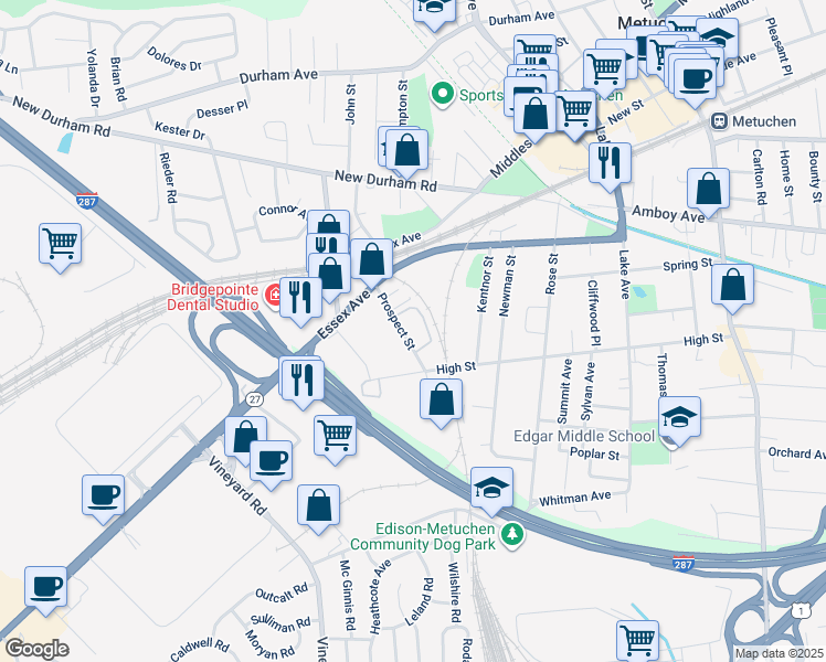 map of restaurants, bars, coffee shops, grocery stores, and more near 60-2 Prospect Street in Metuchen