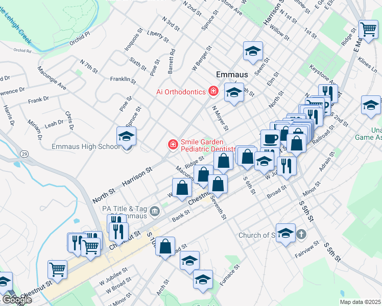 map of restaurants, bars, coffee shops, grocery stores, and more near 230 North 7th Street in Emmaus