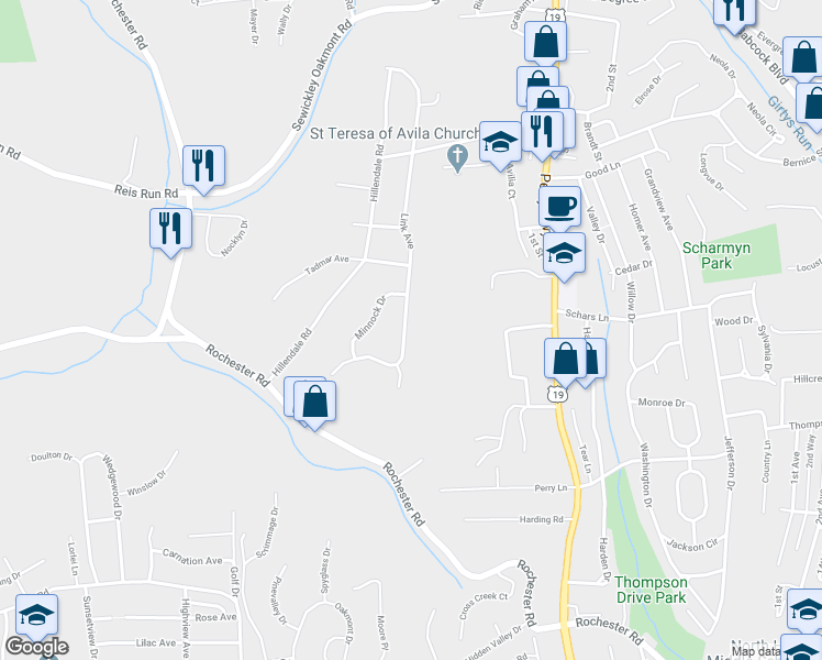map of restaurants, bars, coffee shops, grocery stores, and more near 166 Link Avenue in Pittsburgh