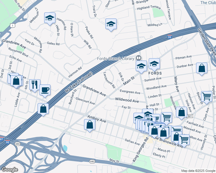 map of restaurants, bars, coffee shops, grocery stores, and more near 15 Adelphi Court in Edison