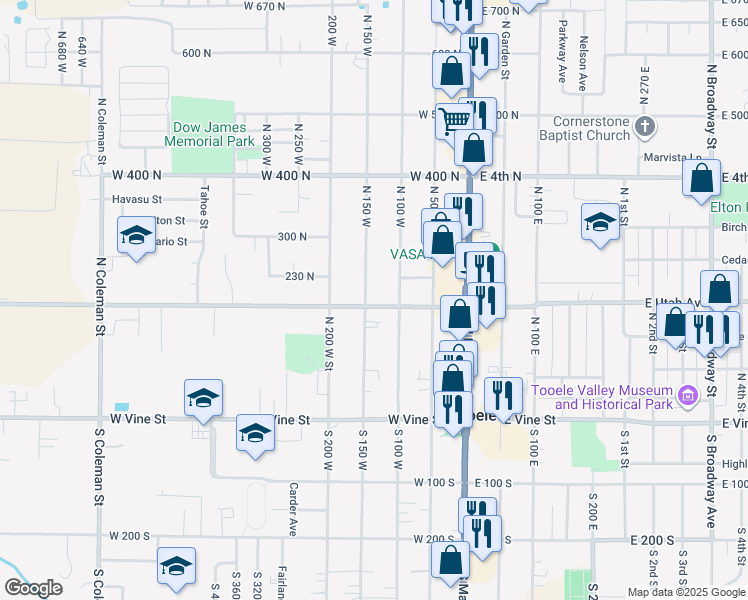map of restaurants, bars, coffee shops, grocery stores, and more near 138 West Utah Avenue in Tooele