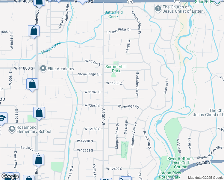 map of restaurants, bars, coffee shops, grocery stores, and more near 11942 Waterhouse Court in Riverton
