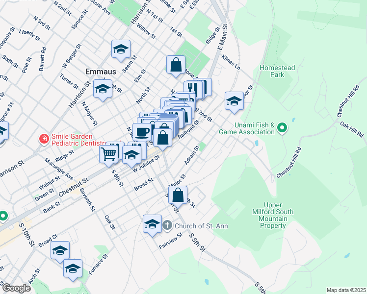 map of restaurants, bars, coffee shops, grocery stores, and more near 333 Broad Street in Emmaus