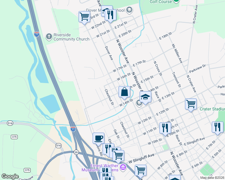 map of restaurants, bars, coffee shops, grocery stores, and more near 1508 North Walnut Street in Dover