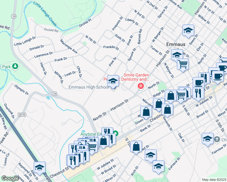 map of restaurants, bars, coffee shops, grocery stores, and more near 500 Macungie Avenue in Emmaus