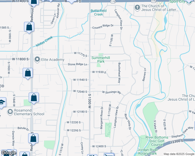 map of restaurants, bars, coffee shops, grocery stores, and more near 11942 Waterhouse Court in Riverton