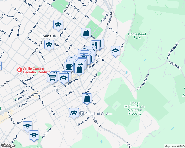 map of restaurants, bars, coffee shops, grocery stores, and more near 326 Broad Street in Emmaus
