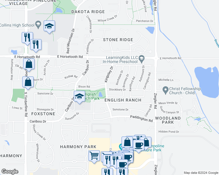 map of restaurants, bars, coffee shops, grocery stores, and more near 2706 Stockbury Drive in Fort Collins
