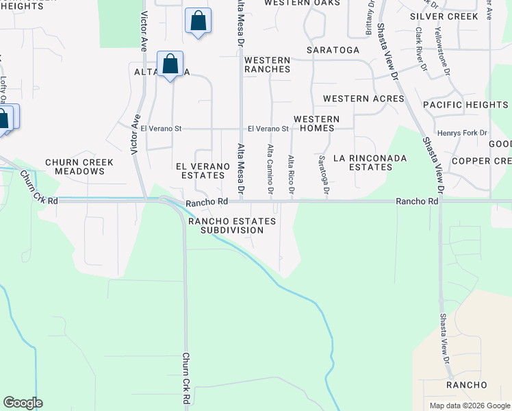 map of restaurants, bars, coffee shops, grocery stores, and more near 5009 Surrey Dr in Redding