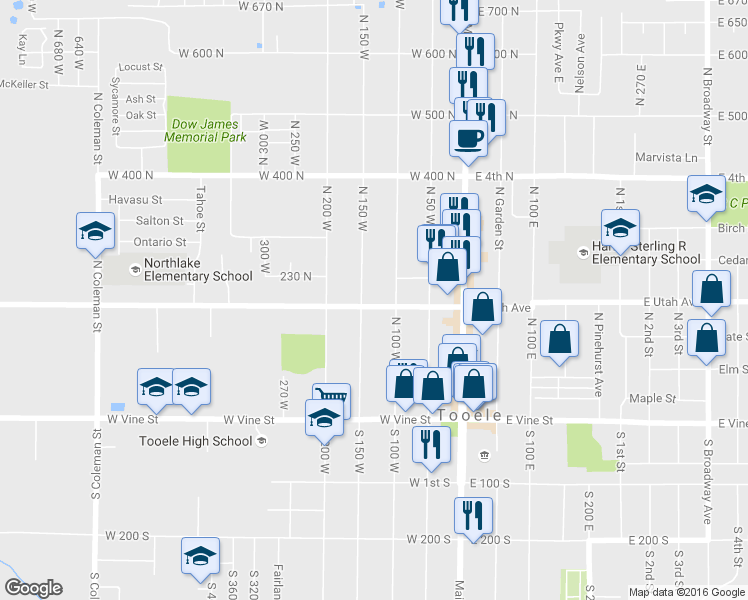 map of restaurants, bars, coffee shops, grocery stores, and more near 138 West Utah Avenue in Tooele